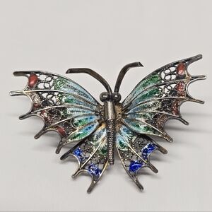 Antique Enamel Butterfly Plique a Jour Filigree Brooch 800 Silver Alioto Adriana